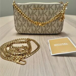 Michael Kors Monogram Beige and Gold Crossbody or Shoulder Bag